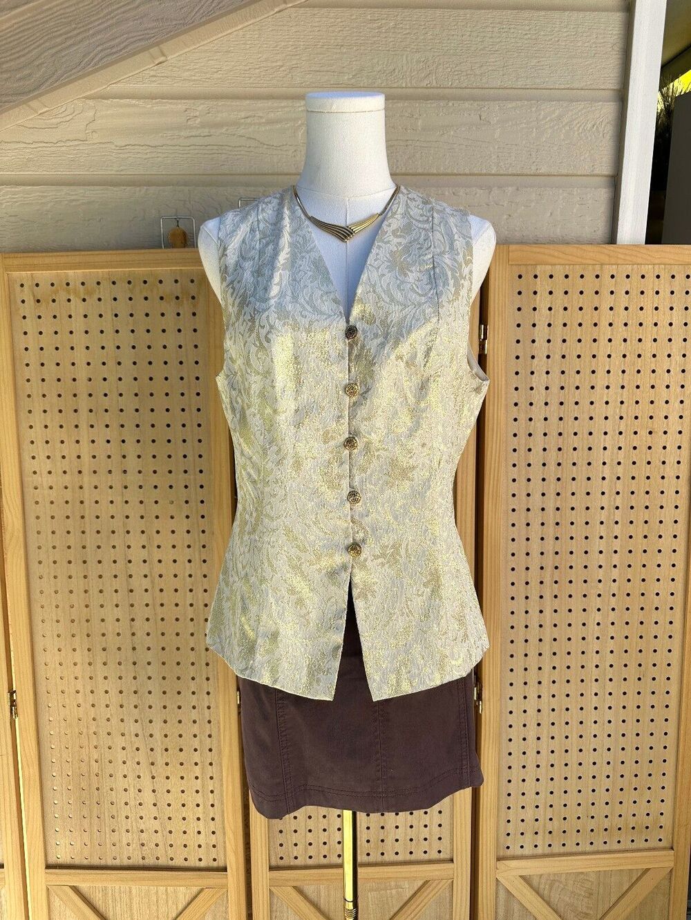 Vintage 90s Worthington Gold Brocade Vest Size 8 Fits L Metallic Waistcoat